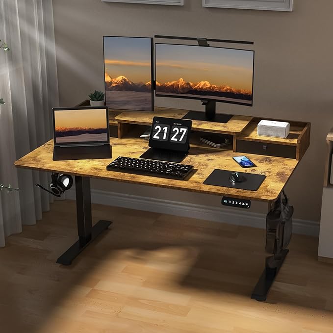 55 x 30 Inch Standing Desk with 2 Drawers, Adjustable Height Widened Stand Up Desk with Storage, Sit to Stand Ergonomic Workstation for Home Office, Rustic Brown