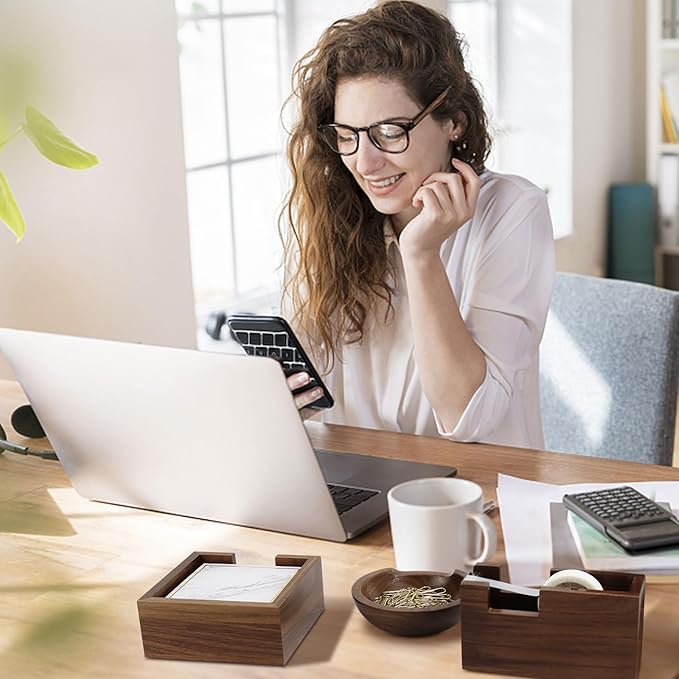 MultiBey 3pcs Walnut Office Supplies Desk Organizers, Wooden Sticky Notes Pad Holder Post it Dispenser, Paper Clips Holder and Tape Dispenser Cutter for Office Home School
