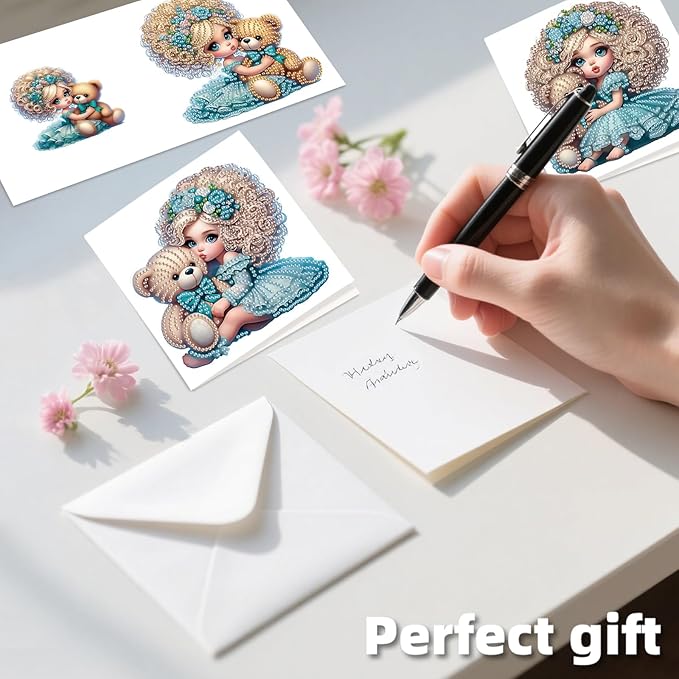 jinglinhh 12pcs Diamond Art Painting Little Girl Bear Greeting Cards with Envelopes, DIY Card Making Kits for Adults, Diamond Art Postcards Christmas Cards Craft Gifts