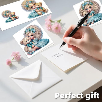 jinglinhh 12pcs Diamond Art Painting Little Girl Bear Greeting Cards with Envelopes, DIY Card Making Kits for Adults, Diamond Art Postcards Christmas Cards Craft Gifts