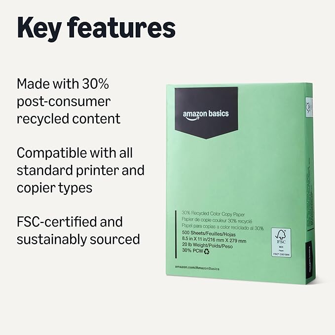 Amazon Basics 30% Recycled Color Copy Paper, 8.5" x 11", 20lb, 500 Sheets, Pastel Green