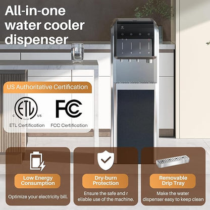 EXCELPURE 5-in-1 Bottom Loading Water Dispenser with Ice Maker, 3 Temperatures Settings - Hot, Cold and Room Water Cooler for 5 Gallon Bottle, Child Safety Lock, 35lbs/24H, WiFi, Stainless Steel