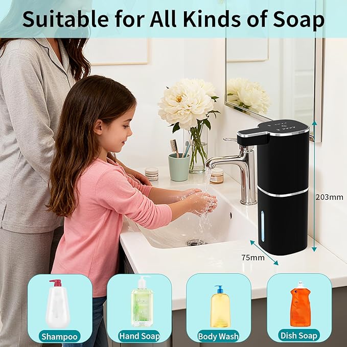 Automatic Soap Dispenser Touchless, Wall Mounted Smart Soap Dispenser, USB Rechargeable, 4 Adjustable Levels, 14.2oz / 420ml Large Capacity, for Bathroom, Kitchen, School (Black, Liquid)