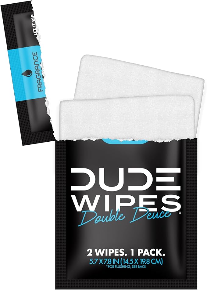 DUDE Wipes - Double Deuce - Two-In-One On-The-Go Flushable Wipes - 2 Pack, 80 Count - Unscented Extra-Large Individually Wrapped with Vitamin E & Aloe - Septic and Sewer Safe