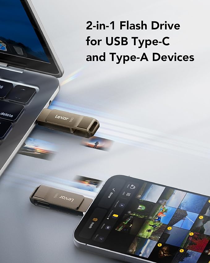 Lexar D40E 128GB Dual USB 3.2 Gen 1 Type-C Jump Drive, USB-C Flash Metal Housing Swivel Design Thumb Drive (Titanium Grey)