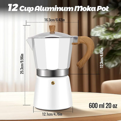 12 Cup Aluminum Moka Pot Classic Stovetop Espresso Coffee Maker 600ml 20oz Coffeemaker Percolator Mocha Express Preferred Cafe Makers for Italian and Cuban Café Brewing White