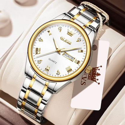 Men's Casual Stainless Steel Watch, Big Face Easy to Read Analog Quartz Watch with Day and Date, Classic Waterproof Diamond Roman Arabic Numerals Dial Dress Watch for Men, Gold Silver Black Band
