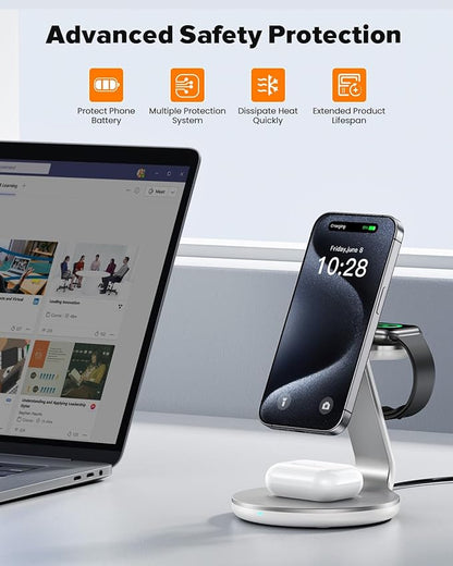 HERRBOL 3 in 1 Charging Station Compatible with Magsafe Charger Wireless Charger Stand for iPhone 17 16e 16 15 14 13 12 Wireless Charging Station for AirPods Wireless Charging Stand for iWatch Series