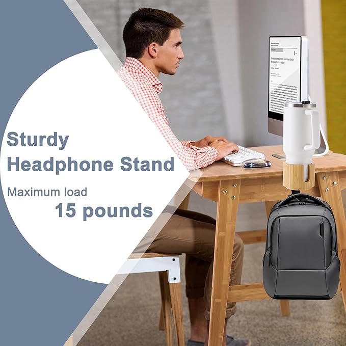 Nnewvante Desk Cup Holder, 2 in 1 360° Rotating Headphone Hanger Under Desk, 360° Anti-Spill Cup Holder, Table Cup Holder for Water Bottles, Gaming Desk Accessories - Bamboo