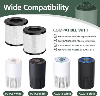 4 Pack PU-P05/AC201B HEPA Replacement Filter Compatible with FULMINARE PU-P05 Air Purifiers and Purivortex AC201B Air Purifiers, HEPA Air Filter for Home Pets Dander Dust Smoke Pollen