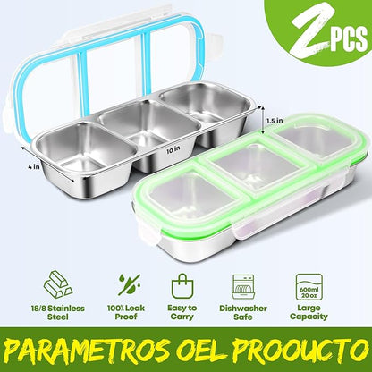 2 Pack Stainless Steel Snack Containers with Lids - Reusable 3 Compartment Snackle Box Container Divide Wet Dry Leakproof Metal Food Storage Containers for School, Home, Travel (Blue + Green)