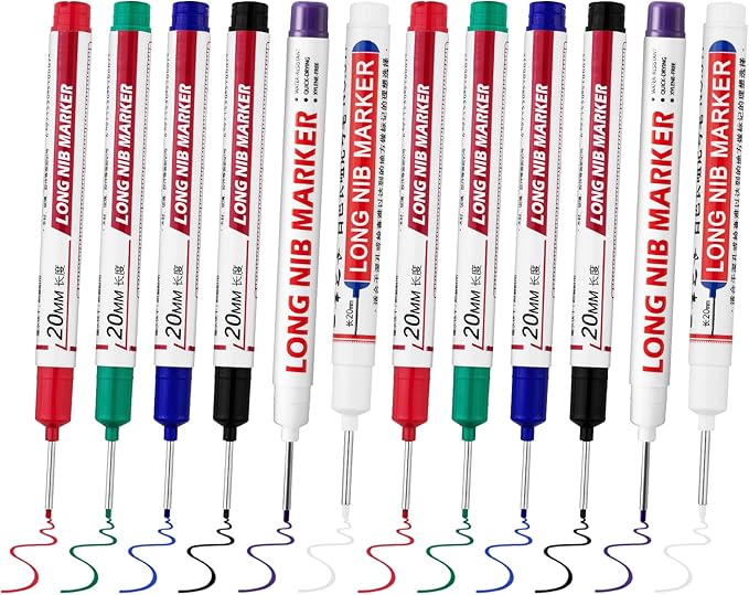 12 PCS Long Head Deep Hole Marker Pens,20mm Long Nib Marker, Longs Nose Markers, Waterproof Construction Markers Marking Tool,Permanent Markers Carpenter Ink marker Pens,Metal marking Pens