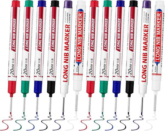12 PCS Long Head Deep Hole Marker Pens,20mm Long Nib Marker, Longs Nose Markers, Waterproof Construction Markers Marking Tool,Permanent Markers Carpenter Ink marker Pens,Metal marking Pens