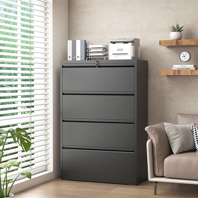 Lateral File Cabinet with 4 Drawer, Metal File Cabinets for Home Office with Lock, Large Filing Storage Cabinet Printer Stand, Steel Wide File Cabinet for Legal/A4/F4/Letter Size Files-Black