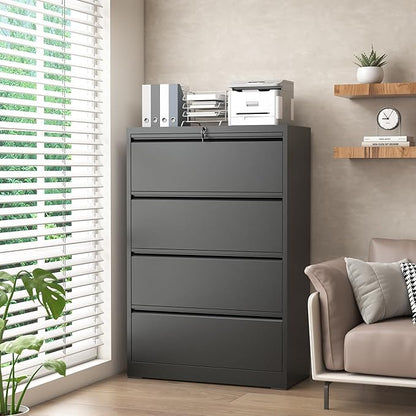 Lateral File Cabinet with 4 Drawer, Metal File Cabinets for Home Office with Lock, Large Filing Storage Cabinet Printer Stand, Steel Wide File Cabinet for Legal/A4/F4/Letter Size Files-Black