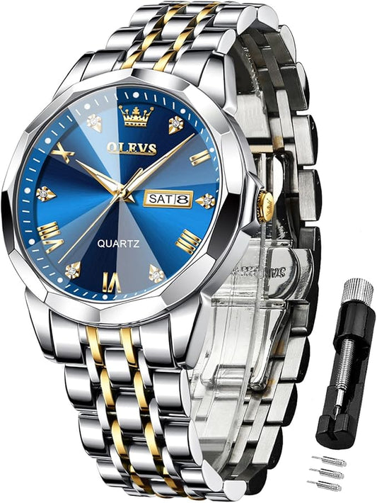 OLEVS Watches for Men Diamond Business Dress Analog Quartz Stainless Steel Date Luxury Casual Fashion Wrist Watch Waterproof Luminous