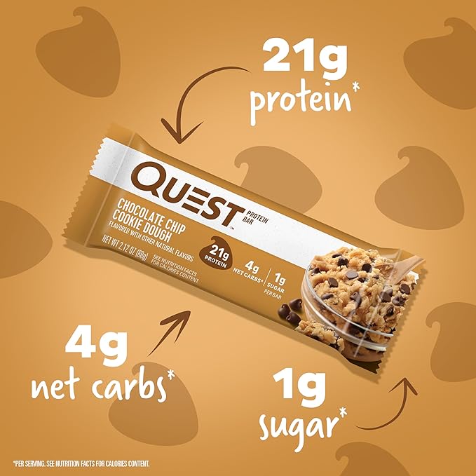 Quest Nutrition Chocolate Chip Dough Cookie Protein Bars, 21g Protein, 1g Sugar, 4g Net Carb, High Fiber, Gluten Free, Keto Friendy, 12 Count