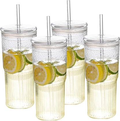 20oz Glass Cups With Glass Lids and Straws, High Borosilicate Iced Coffee Cups, Reusable Glass Tumblers for Coffee, Tea, Juice, Smoothies, Hot/Cold Drinks at Home, Office - 4 Packs