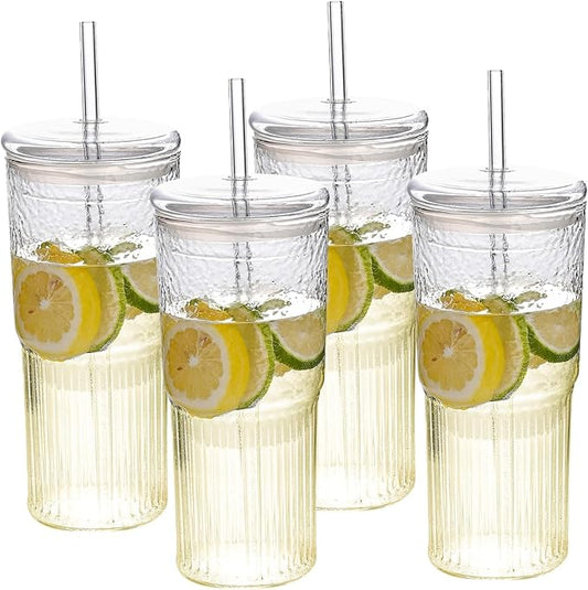 20oz Glass Cups With Glass Lids and Straws, High Borosilicate Iced Coffee Cups, Reusable Glass Tumblers for Coffee, Tea, Juice, Smoothies, Hot/Cold Drinks at Home, Office - 4 Packs