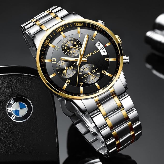 CRRJU Men's Fashion Stainless Steel Watches Date Waterproof Chronograph Wristwatches,Black Steel Band Waterproof Quartz Watch for Men