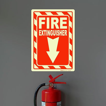 Brimar - 7" x 10" - Fire Extinguisher Sign - 4 Mil Glow-in-the-Dark Peel and Stick Polyester Label - Easy Installation - Versatile Use