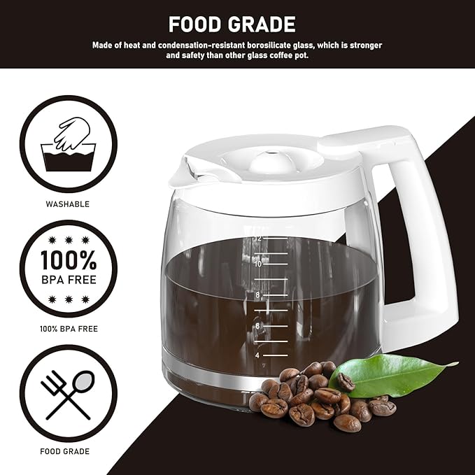 12-Cup Coffee Pot Replacement Compatible with Cuisinart Coffee Maker Models SS-12, SS-15, SS-16, DCC-1100BK, DCC-1200, DCC-2650, CHW-12P1, DGB-400, DGB-550BK, DGB-550BK1, DGB-625BC and DGB-700BC White