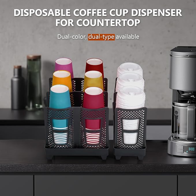 6-Slot Paper Cup and Lid Holder, Disposable Coffee Cup Dispenser, Upright Paper Cup Dispenser for Coffee Stations, Kitchens, Bars, Restaurants, Lounges (Black)
