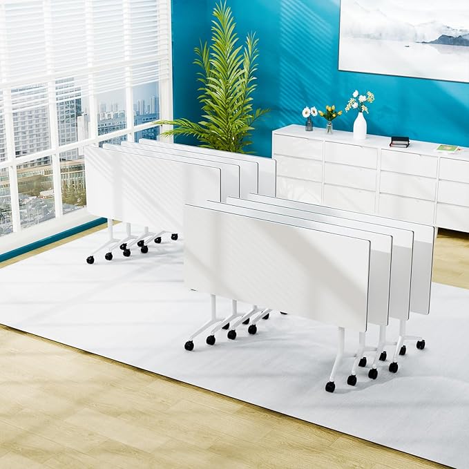 Conference Table Folding Conference Room Tables, Modern Mobile Meeting Training Table with Silent Wheels, Foldable Seminar Table for Offices, Classrooms, Libraries (8, White, 47.2in)