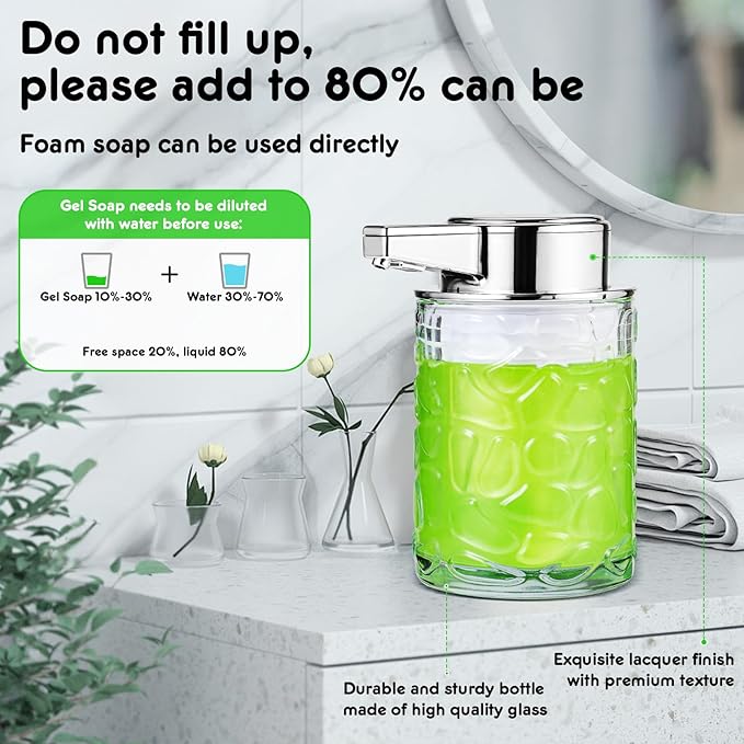 Automatic Touchless Soap Dispenser, Glass Sensor Hand Sanitizer Dispenser with 1800mAh Rechargeable Battery, Waterproof Design for Kitchen & Bathroom (Silver Foam Type)