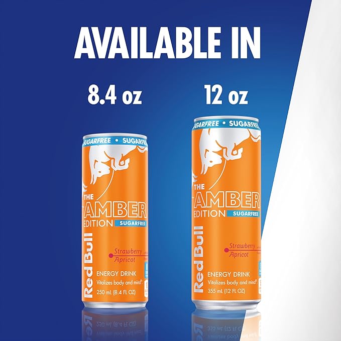 Red Bull Amber Edition Sugar Free Energy Drink, Strawberry Apricot, with 80mg Caffeine plus Taurine & B Vitamins, 8.4 Fl Oz, Pack of 4 Cans