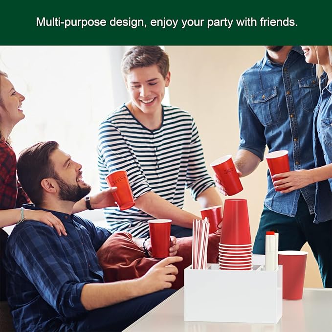 Cup Holder with Marker Slot, Party Cup Dispenser Acrylic Cup Organizer Mark Your Cup and Drink Up Caddy Modern Bar Counter Decor, White