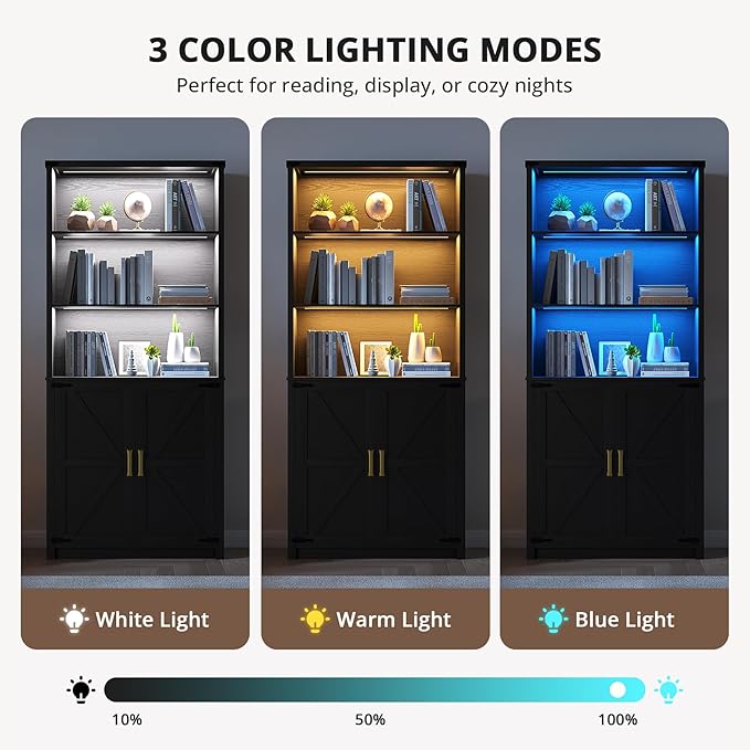 HWB Bookshelf and Bookcase with Doors, Farmhouse 5 Tier Book Shelves with Storage Cabinet, Floor Standing Bookcases with 3-Color Lights for Home Office, Living Room, Bedroom, Black