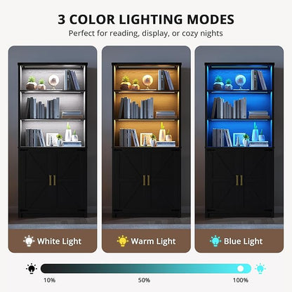 HWB Bookshelf and Bookcase with Doors, Farmhouse 5 Tier Book Shelves with Storage Cabinet, Floor Standing Bookcases with 3-Color Lights for Home Office, Living Room, Bedroom, Black