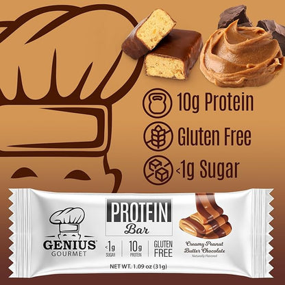 Genius Gourmet Protein Bar, Chocolate Peanut Butter, Keto Snack, Low Carb, Low Sugar & Gluten Free, Protein Snacks for Adults, 10G of Whey Protein per Protein Bar, 5 Net Carbs, 20 Count