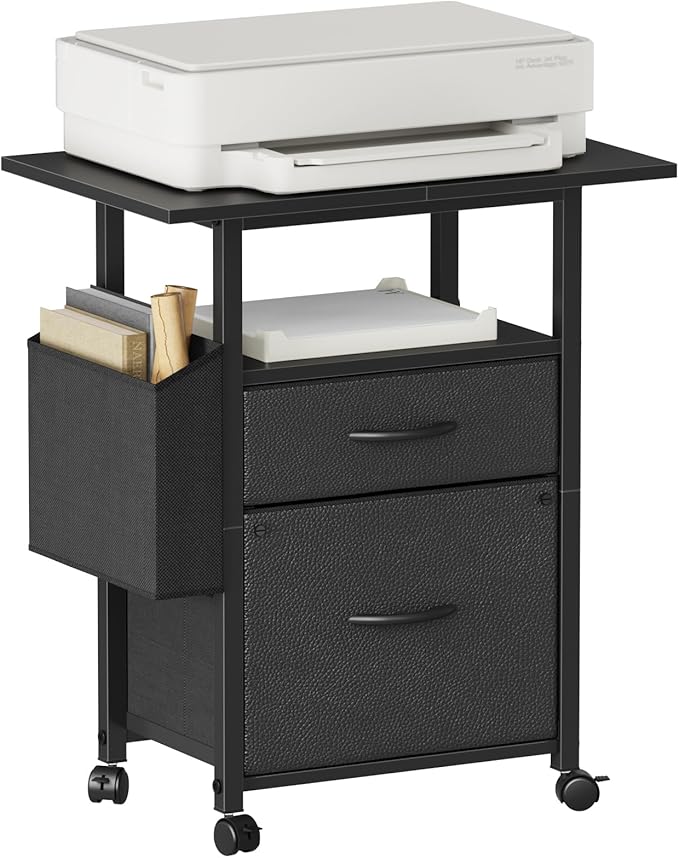 GYIIYUO 2 Drawer File Cabinet with 24'' Extended Desktop, Mobile Filing Cabinet, Rolling File Cabinet with Side Bag, Fabric Drawer, Fits A4 Size, Home Office, Black