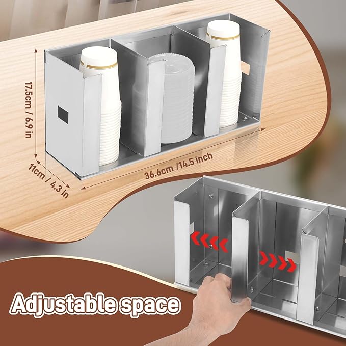 Adjustable Stainless Steel Cup & Lid Holder - 3 Compartments, 32 oz Cup Dispenser for Restaurant, Straw Organizer Commercial Cup Holder, 304 Stainless Steel Lid Dispenser