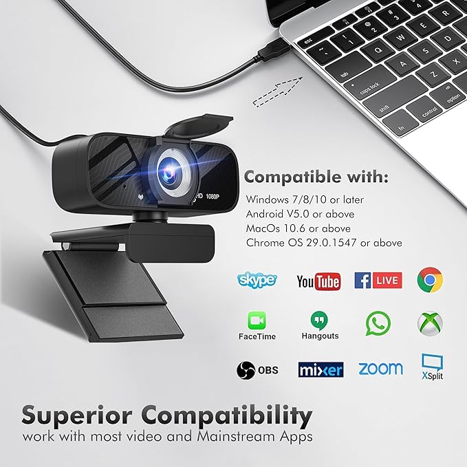 Gohero Full HD 1080P Video Webcam, Noise Cancellation, Privacy Cover, Wide-Angle Lens, Auto Light Correction, Plug & Play USB Webcam for Laptop, Desktop, PC, Mac, Zoom, Skype Pro Series