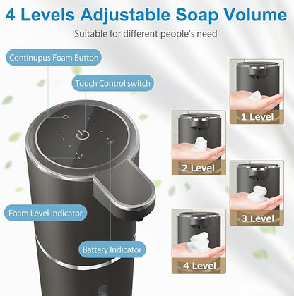Automatic Foaming Soap Dispenser,4-Level Adjustable Foam, Wall Mount, USB Rechargeable,12.8oz/ 380ml,Touchless Hand & Dish Soap Dispenser for Bathroom, Kitchen,Hotel, Restaurant