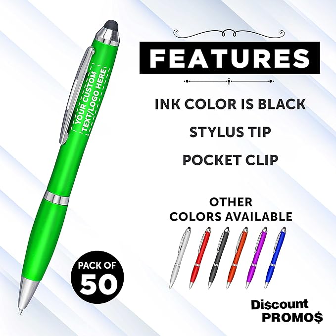 DISCOUNT PROMOS Custom Plastic Stylus Pens Set of 50, Personalized Bulk Pack - Black Ink, Great for Office, School, Business, Tradeshows, Events - Green