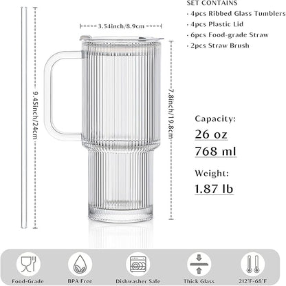 INSETLAN 26oz Ribbed Glass Tumbler with Handle & Lid – 4-Pack Large Iced Coffee Cups with Straws, Modern Glass Mug for Cold & Hot Beverages, Aesthetic Travel Cup for Smoothies, Tea, and Juice