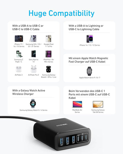 Anker Desktop Charger, Fast Charging USB C Charger with 112W Max 6-Port Desk Accessories for Home Office, Campatible with Multiple Devices, iPhone, iPad, MacBook, Galaxy and More (Cable Not Included)
