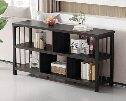 IBF 55“ Black Bookshelf, Industrial Open Horizontal Cube Book Shelf, Low Wide Home 5 Cube Storage Organizer Long Shelf for Bedroom, Wood and Metal Cubby Bookcase for Living Room, Black Oak, 55 inch