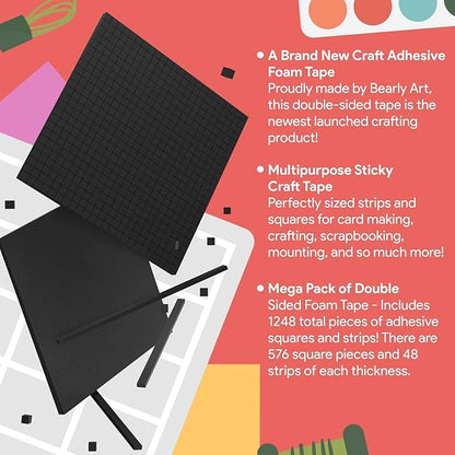 Bearly Art CUBIES The Shadow Collection - Adhesive Foam Tape for DIY Arts and Crafts - Double Sided Tape - Mega Pack with 1248 Total Pieces - Precut Squares & Strips