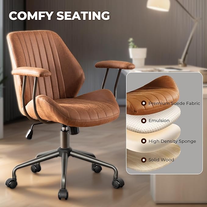 Home Office Desk Chair Adjustable Height, Ergonomic Executive Office Chair with Armrests, Rolling Comfy Desk Chair with Lumbar Support, Mid Century Modern Suede Leather, Brown