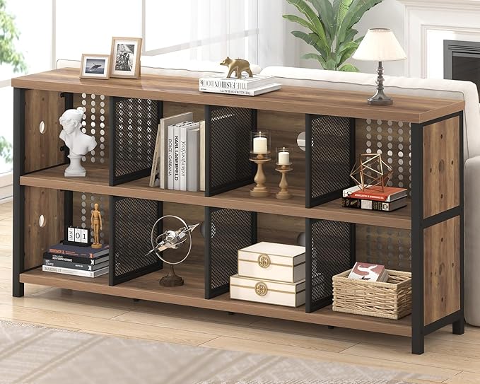 LVB Industrial Horizontal Bookshelf, 4 5 6 7 8 Cube Storage Organizer Bookcase, Modern Wide Large Book Shelf for Bedroom Living Room, Rustic Low Long Wood Metal Office Cubby Shelf, Rustic Oak, 63 Inch