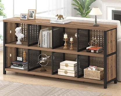 LVB Industrial Horizontal Bookshelf, 4 5 6 7 8 Cube Storage Organizer Bookcase, Modern Wide Large Book Shelf for Bedroom Living Room, Rustic Low Long Wood Metal Office Cubby Shelf, Rustic Oak, 63 Inch