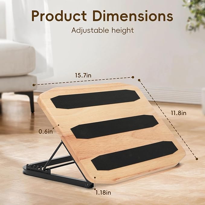 Wood Footrest Adjustable Ergonomic Foot Rest- Under Desk 7 Adjustable Angles Wood Under Desk Footrest, Foot Rest for Office Home - Natural-with Gray Silicone Cushions