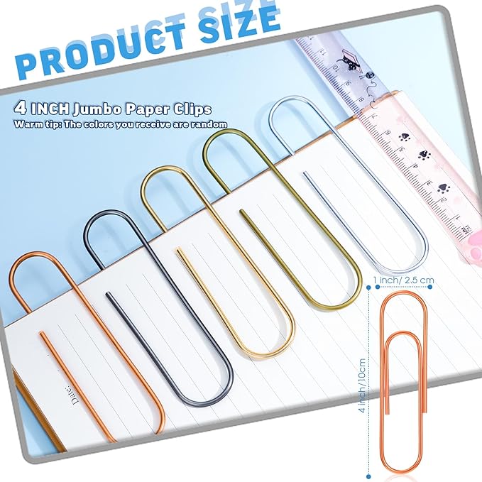 Hicarer 25 Pcs 4 Inch Large Paper Clips Jumbo 100 mm Metal Multicolored Giant Paper Clips Bright Coated Extra Large Mega Paperclips for Bookmark Office School Organizing Files Document(Classic Color)
