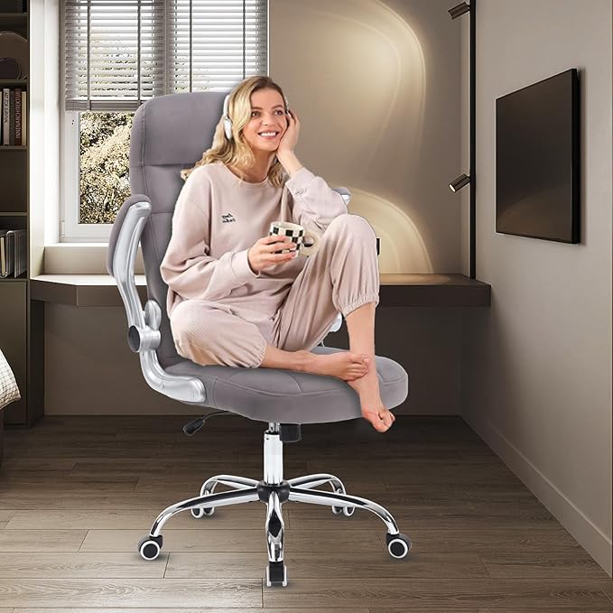High Back Fabric Office Chair, Velvet Executive Desk Chair with Flip-Up Arms, Ergonomic Office Desk Chair with Lumbar Support, Upholstered Home Computer Chair with Wheels(Grey)