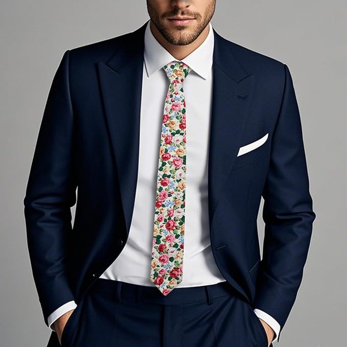 Cotton Floral Ties for Men 2.76" Men's Skinny Tie Linen Flower Printed Neck Tie for Wedding Dating Party